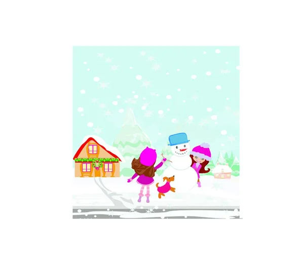 Girls Playing Winter Day Making Snowman — Stock Vector