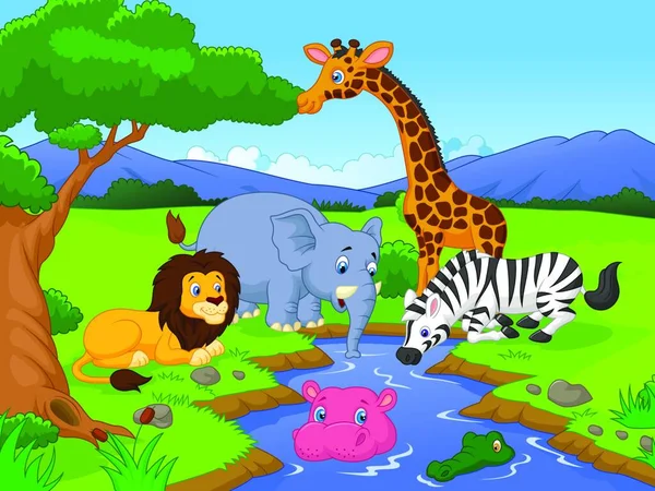 Lindo Safari Africano Animales Personajes Dibujos Animados Escena — Vector de stock