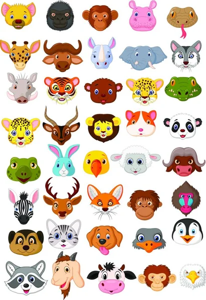 Ensemble Collection Tête Animal Bande Dessinée — Image vectorielle