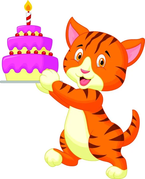 Kat Cartoon Met Cake Van Kindverjaardag — Stockvector