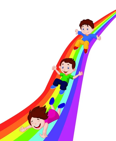 Illustration Von Kindern Die Einen Regenbogen Hinuntergleiten — Stockvektor