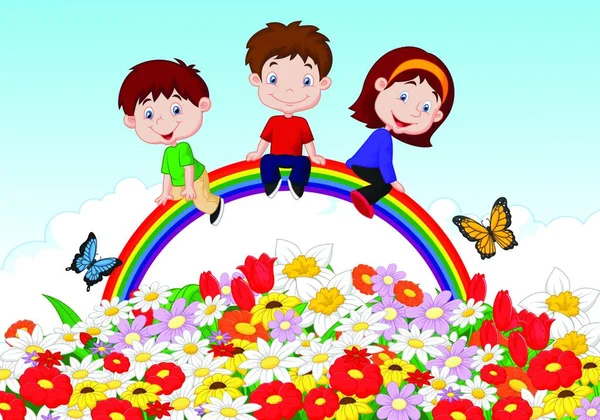 Bambini Felici Seduti Arcobaleno Sfondo Fiore — Vettoriale Stock