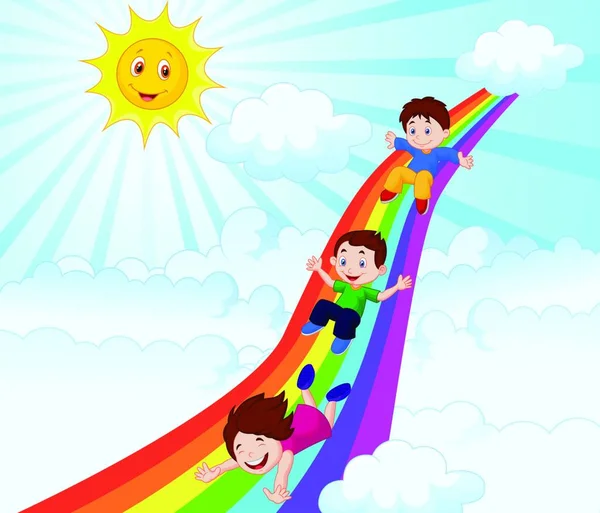 Illustration Enfants Glissant Sur Arc Ciel — Image vectorielle