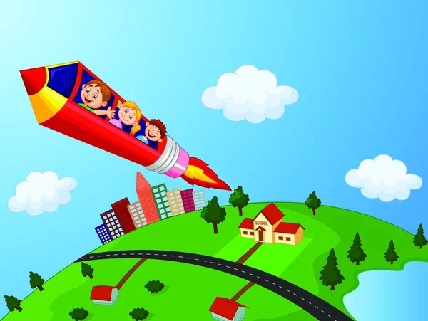 School Children Enjoying Pencil Rocket Ride — Stock Vector