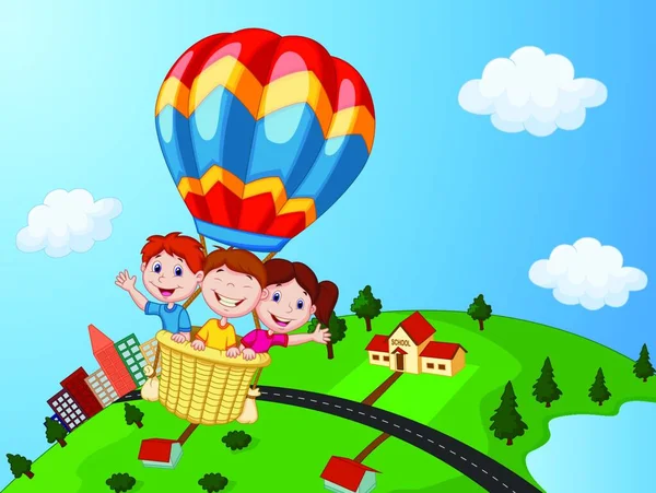 Crianças Felizes Montando Balão Quente — Vetor de Stock