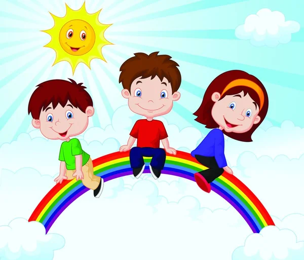 Crianças Felizes Sentadas Arco Íris —  Vetores de Stock