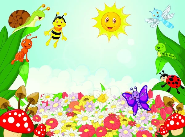 花の背景を持つ小さな動物漫画 — ストックベクタ