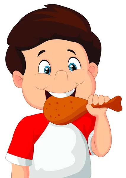 Καρτούν Αγόρι Τρώει Τηγανητό Κοτόπουλο — Διανυσματικό Αρχείο