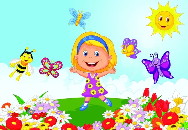 花のフィールド上で実行の幸せな女の子 — ストックベクタ