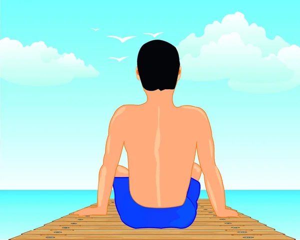 Homme Assis Sur Quai Terre Paysage Océanique — Image vectorielle