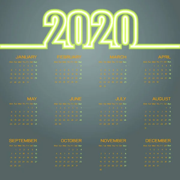 Erstellt 2020 Neon Text Kalender Aktienvektor — Stockvektor