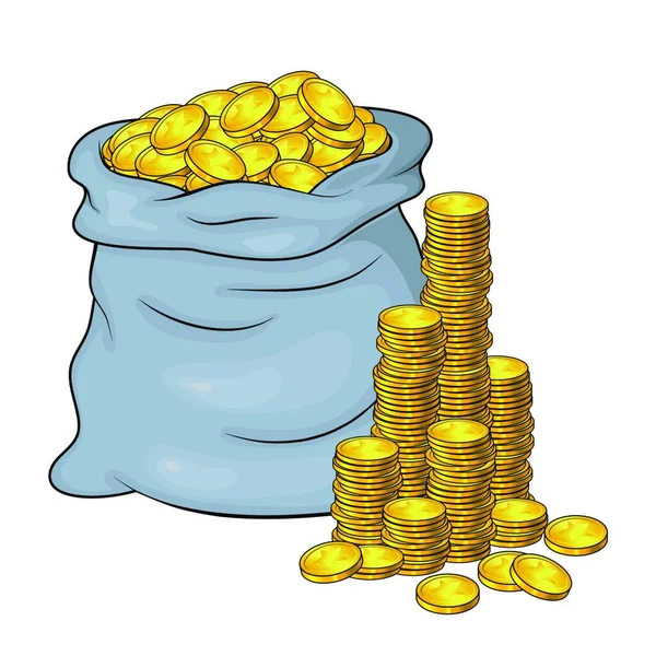 Open Sack Full Golden Coins Cash Tower Mountain Vector Illustration — Stock Vector