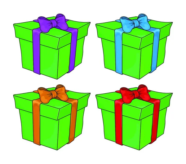 Набор Подарочных Коробок Зелеными Луками Изолированы Белом Фоне — стоковый вектор