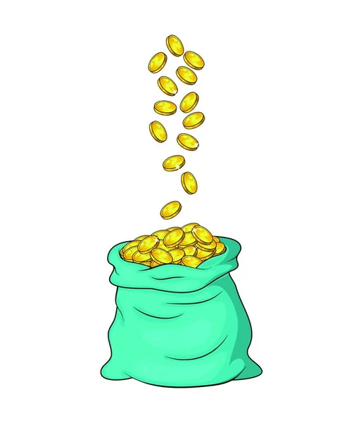 Falling Coins Money Bag Flying Gold Heap Pile Full Sack — Stock Vector