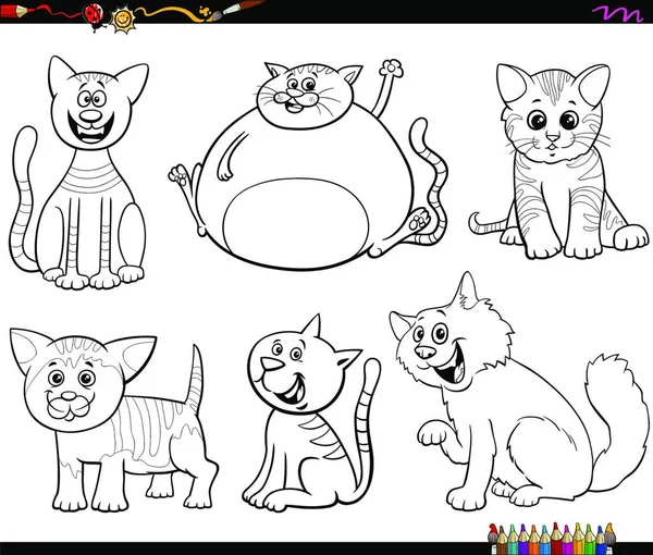 Komik Kediler Kedi Yavrularının Siyah Beyaz Çizgi Filmleri Hayvan Karakterleri — Stok Vektör