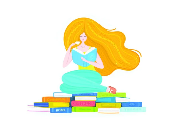 红头发的女孩拿着一堆书和一杯茶 女人坐在书架上 图书馆 出版社的海报 广告横幅或明信片 第10页 — 图库矢量图片