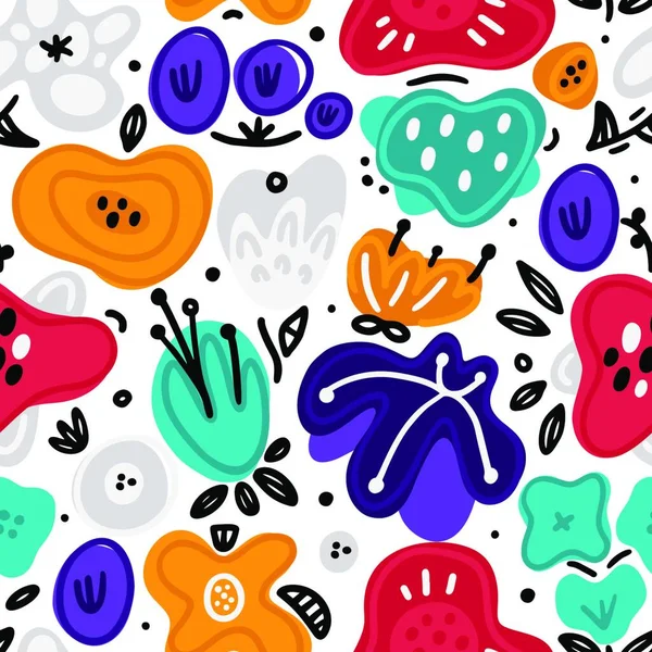 ベクトルシームレスパターン 抽象的な手描きの花 色の汚れやスポット 花の組成 フリーハンドスタイル カード 服に印刷 包装のための芸術的なデザイン — ストックベクタ