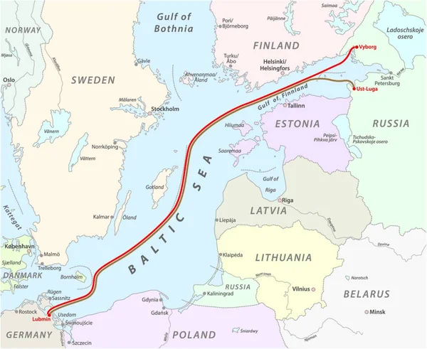 Carte Géographique Mer Baltique Gaz Gazoduc Russie Allemagne Flux Nord — Image vectorielle