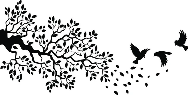 Tree Silhouette Birds Flying — Stock Vector