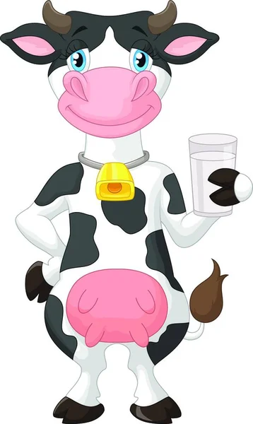 Cute Cow Holding Glass Milk — Stock Vector