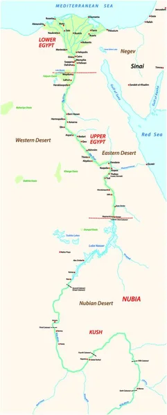 Карта Древнего Египта Важными Достопримечательностями Реке Нил — стоковый вектор