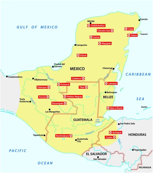 Carte Empire Maya Avec Les Villes Les Importantes Amérique Centrale — Image vectorielle