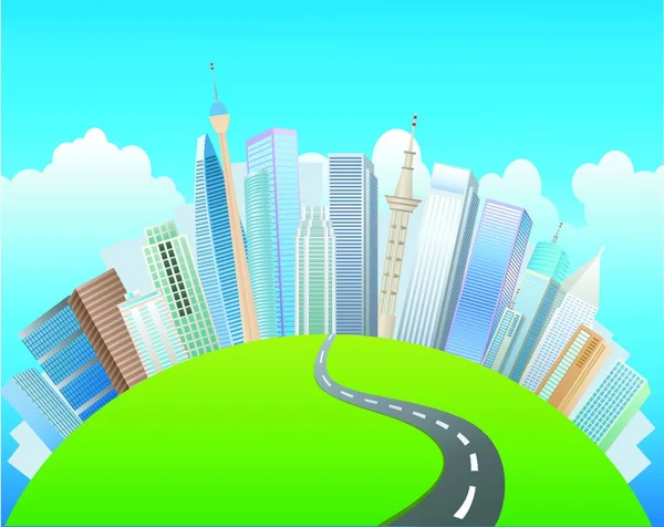 Conceptual Mini Planet Green Parks Skyscrapers Roads Calmness City — Stock Vector