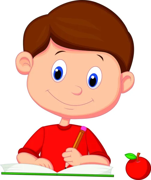 Ilustracja Szczęśliwym Chłopcem Pisania Książki — Wektor stockowy