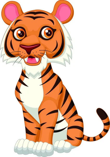 Lindo Tigre Dibujos Animados Sentado — Vector de stock