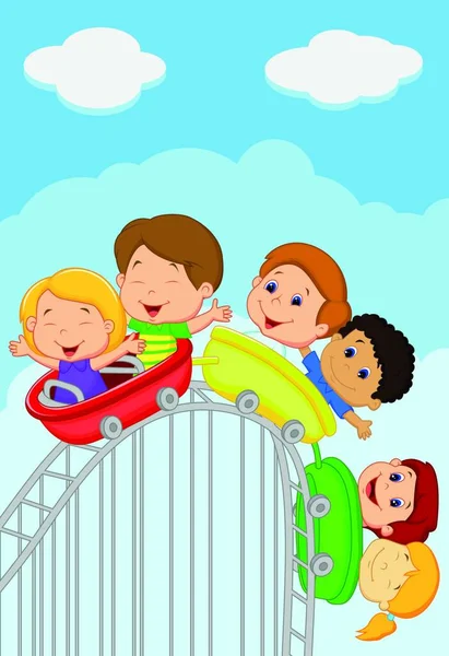 Cartoon Kids Riding Roller Coaster — Stock Vector