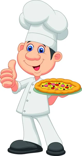 Çizgi Film Şefi Elinde Pizza Tutuyor Başparmağını Kaldırıyor — Stok Vektör
