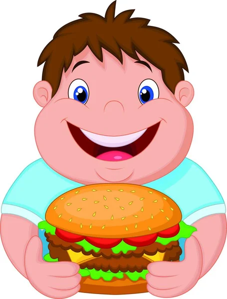 Niño Gordo Sonriendo Listo Para Comer Una Hamburguesa Grande — Archivo Imágenes Vectoriales