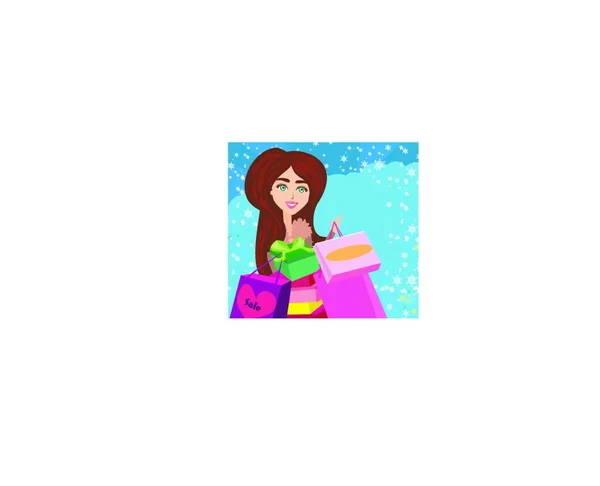 Mujer Con Caja Regalo Bolsas Compras Ilustración Vectorial — Vector de stock