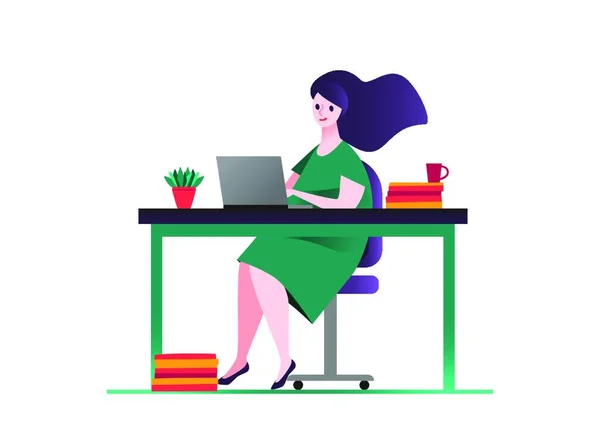 緑のドレスのビジネス女性 テーブルの椅子に座って それの本の上に マグカップ 白い隔離された背景デザインに鉢植え女の子はオフィスのコンピュータで動作しますカラフルなベクトルイラスト — ストックベクタ