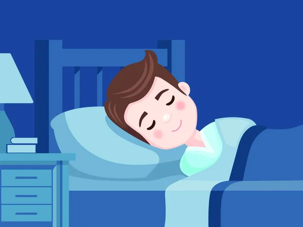 Lindo Chico Durmiendo Cama Dormitorio Por Noche Dulces Sueños Ilustración — Vector de stock