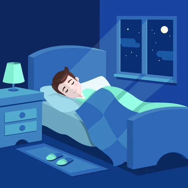 Joli Garçon Qui Dort Lit Chambre Avec Fenêtre Nuit Fais — Image vectorielle