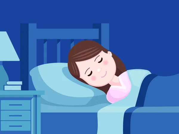 Menina Bonito Dormindo Cama Quarto Noite Bons Sonhos Ilustração Vetorial — Vetor de Stock