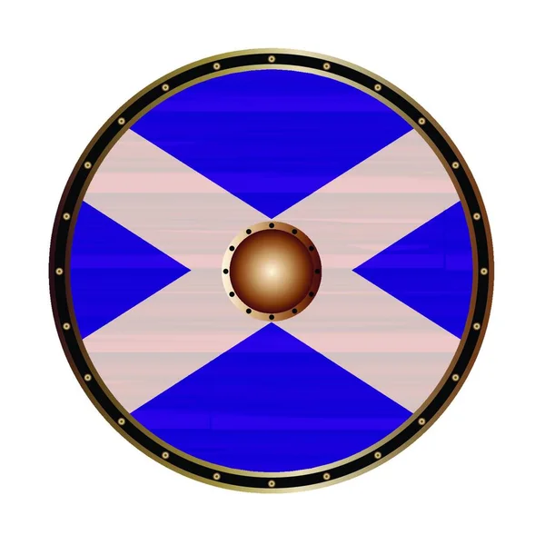 Круглый Щит Стиле Викингов Шотландским Флагом Белом Фоне — стоковый вектор