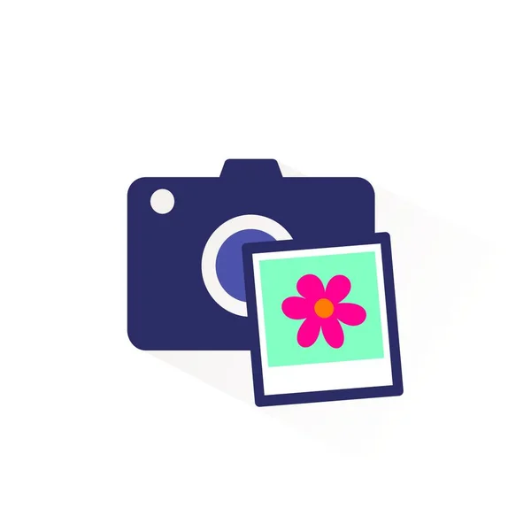 Kamera Mit Frühlingsblumenfoto Farbsymbol Mit Schatten Flache Vektorabbildung — Stockvektor