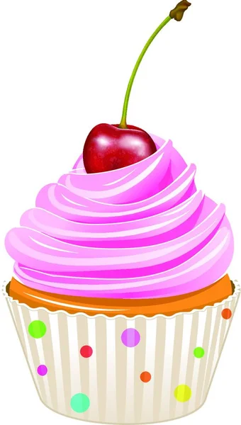 Cupcake Decorado Con Cerezas Magdalena Aislada Sobre Fondo Blanco — Vector de stock