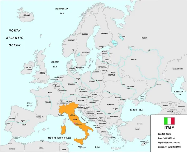 小さな情報ボックスとフラグを持つヨーロッパ大陸のイタリアの場所 — ストックベクタ