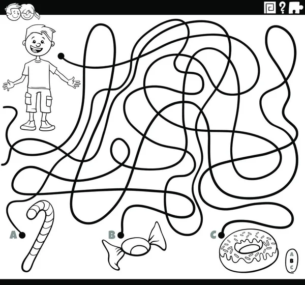Black White Cartoon Εικονογράφηση Των Γραμμών Λαβύρινθος Puzzle Game Αγόρι — Διανυσματικό Αρχείο