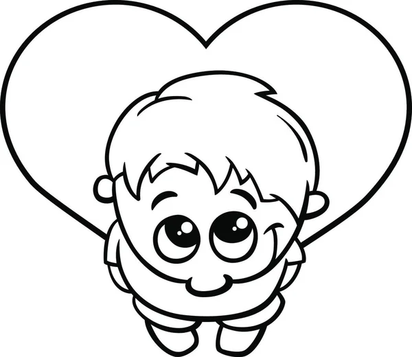 Černobílý Valentýn Blahopřání Karikatura Ilustrace Roztomilé Malý Chlapec Velké Srdce — Stockový vektor