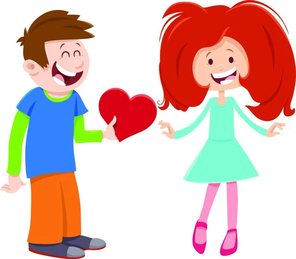 Ευχετήρια Κάρτα Εικονογράφηση Κινουμένων Σχεδίων Χαριτωμένο Κορίτσι Και Αγόρι Καρδιά — Διανυσματικό Αρχείο