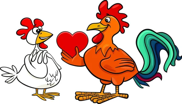 San Valentino Biglietto Auguri Illustrazione Del Fumetto Con Gallina Gallo — Vettoriale Stock