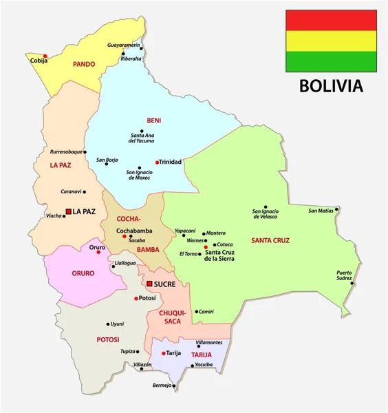 Bolivie Carte Administrative Avec Drapeau Principales Villes — Image vectorielle