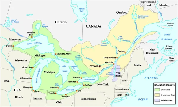 Mapa Los Grandes Lagos Las Regiones Drenaje Del Río Lawrence — Vector de stock