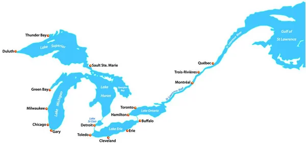 Carte Des Grands Lacs Rivière Lawrence Avec Les Grandes Villes — Image vectorielle