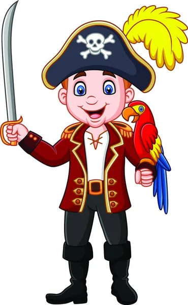 Капитан Мультяшного Пирата Держит Меч Ара Птицей — стоковый вектор