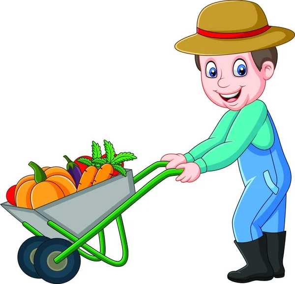 Dibujos Animados Joven Agricultor Empujando Una Carretilla Llena Verduras — Vector de stock